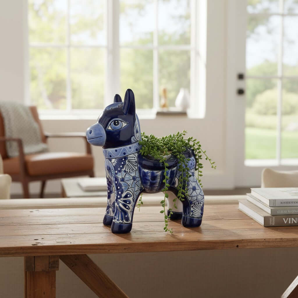 Blue Talavera Donkey Planter | Handcrafted Mexican Pottery