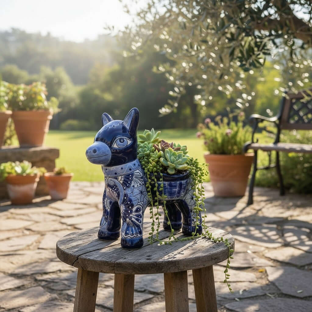 Blue Talavera Donkey Planter | Handcrafted Mexican Pottery
