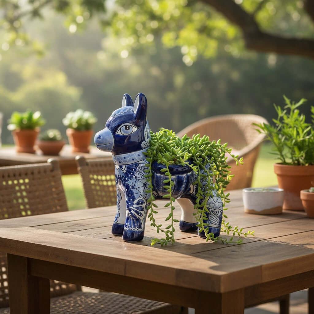 Blue Talavera Donkey Planter | Handcrafted Mexican Pottery