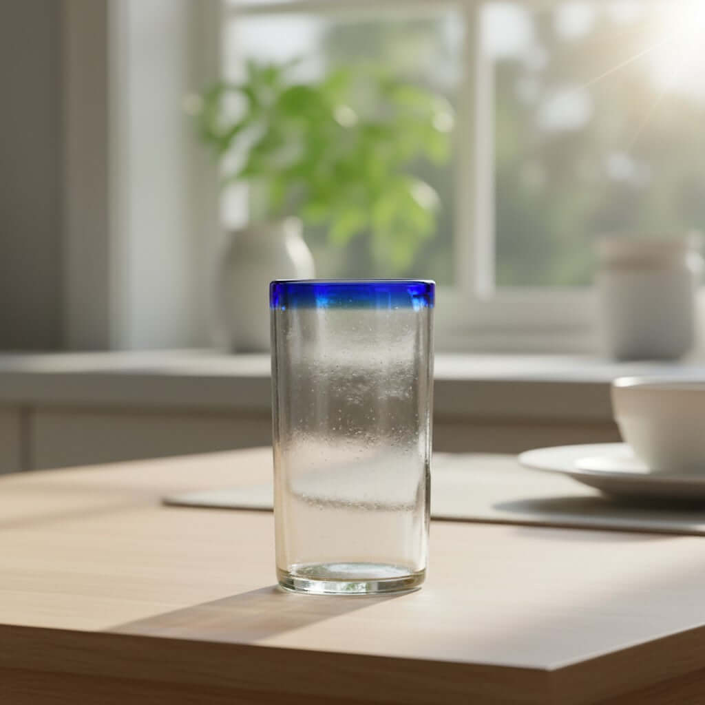 Mexican Blue Rim Tumbler | Hand-Blown Clear Glassware
