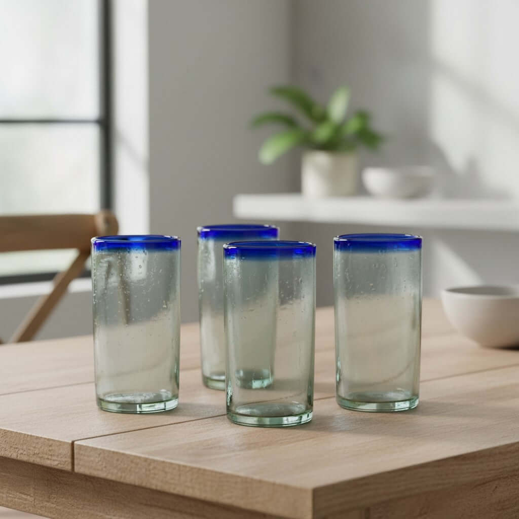 Mexican Blue Rim Tumbler | Hand-Blown Clear Glassware