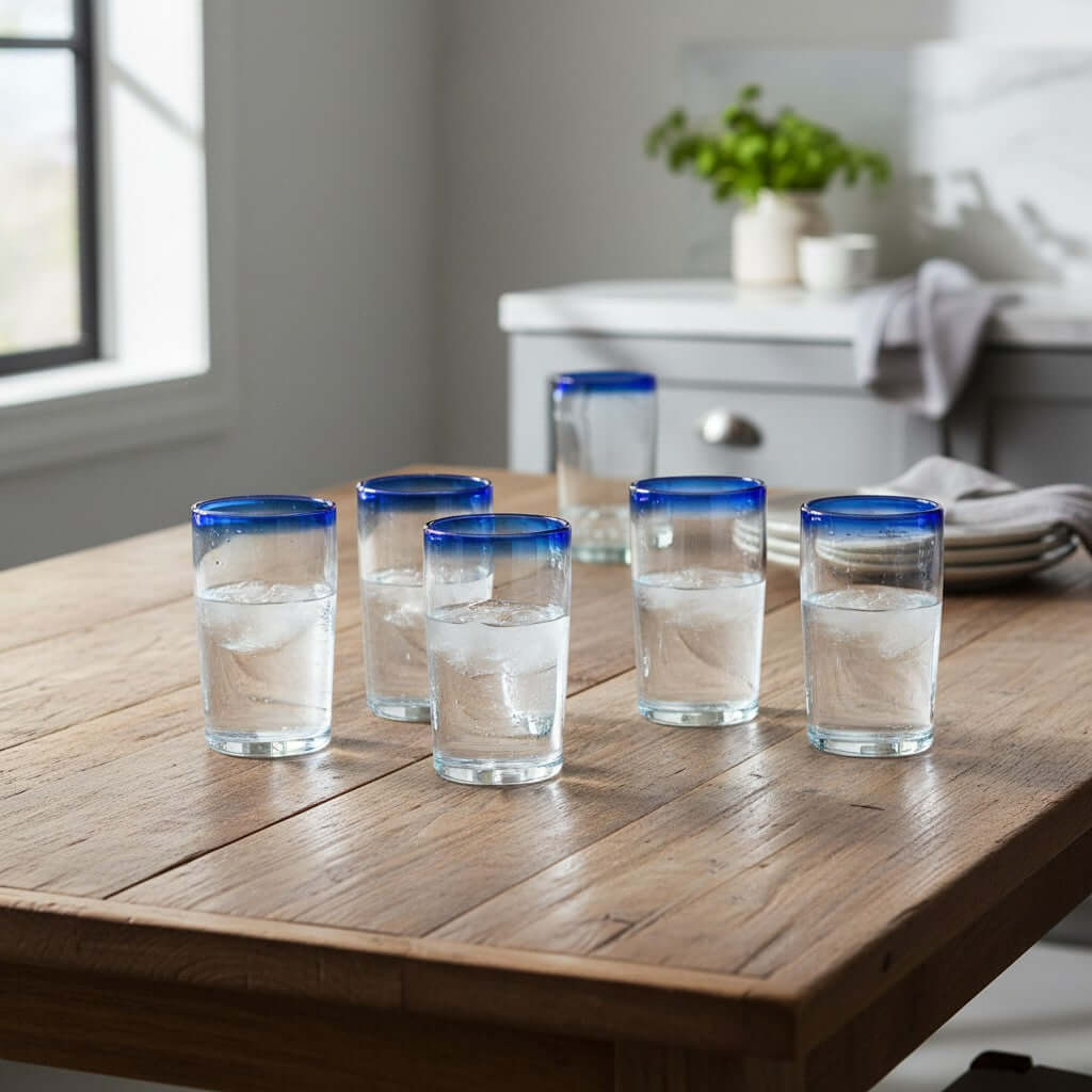 Mexican Blue Rim Tumbler | Hand-Blown Clear Glassware