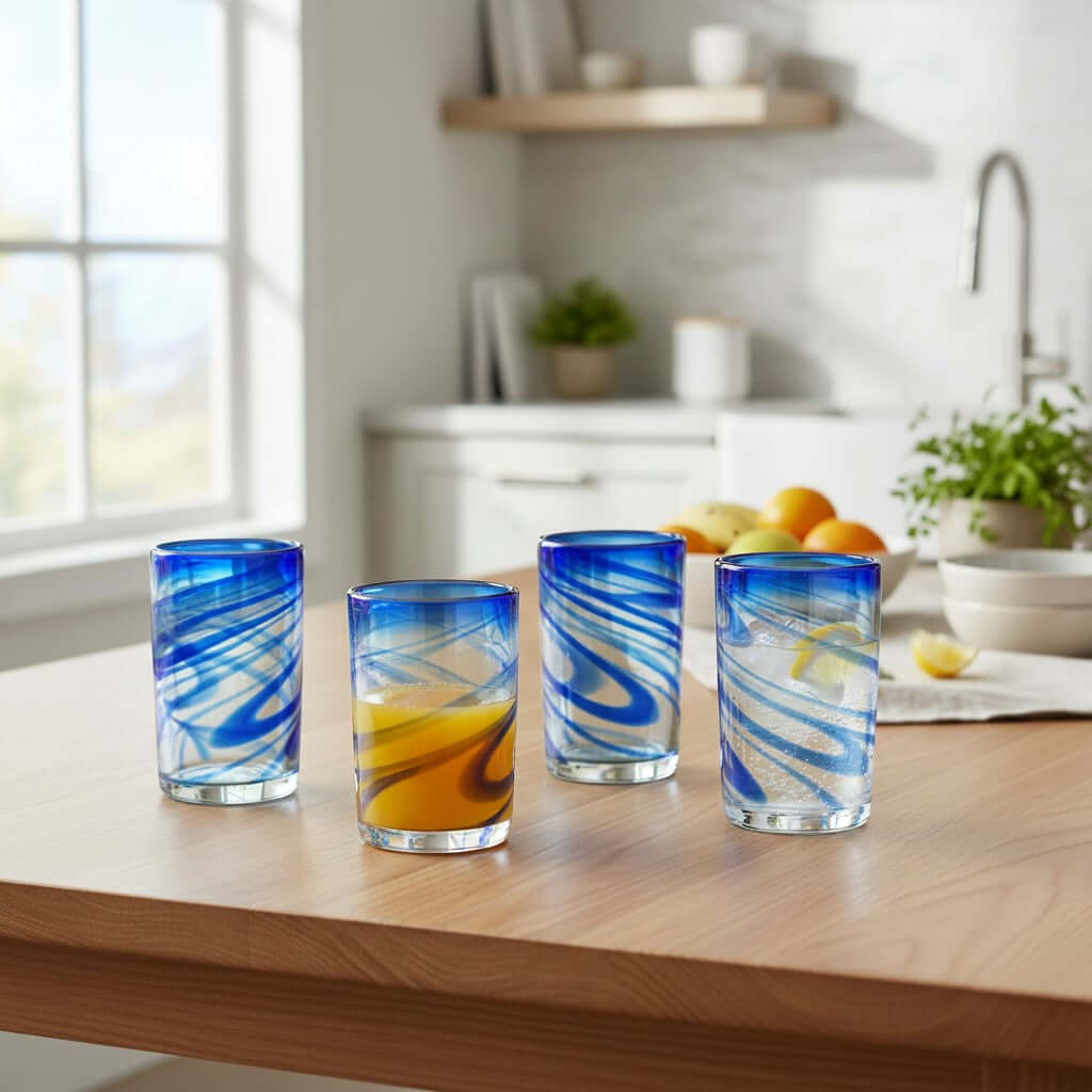 Blue Swirl Hand-Blown Glass | Mexican Drinking Tumbler