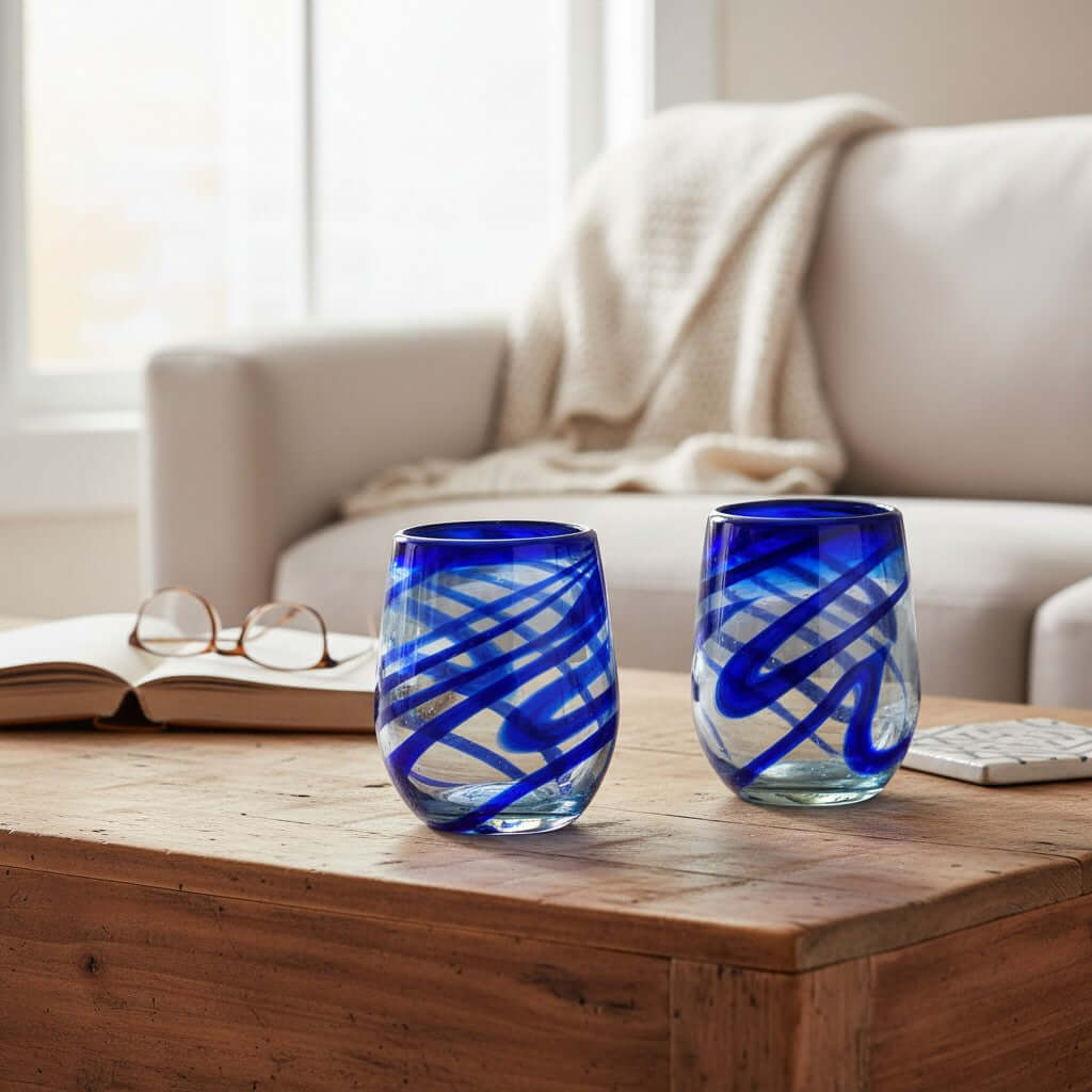 Mexican Stemless Wine Glass | Hand-Blown Blue Swirl