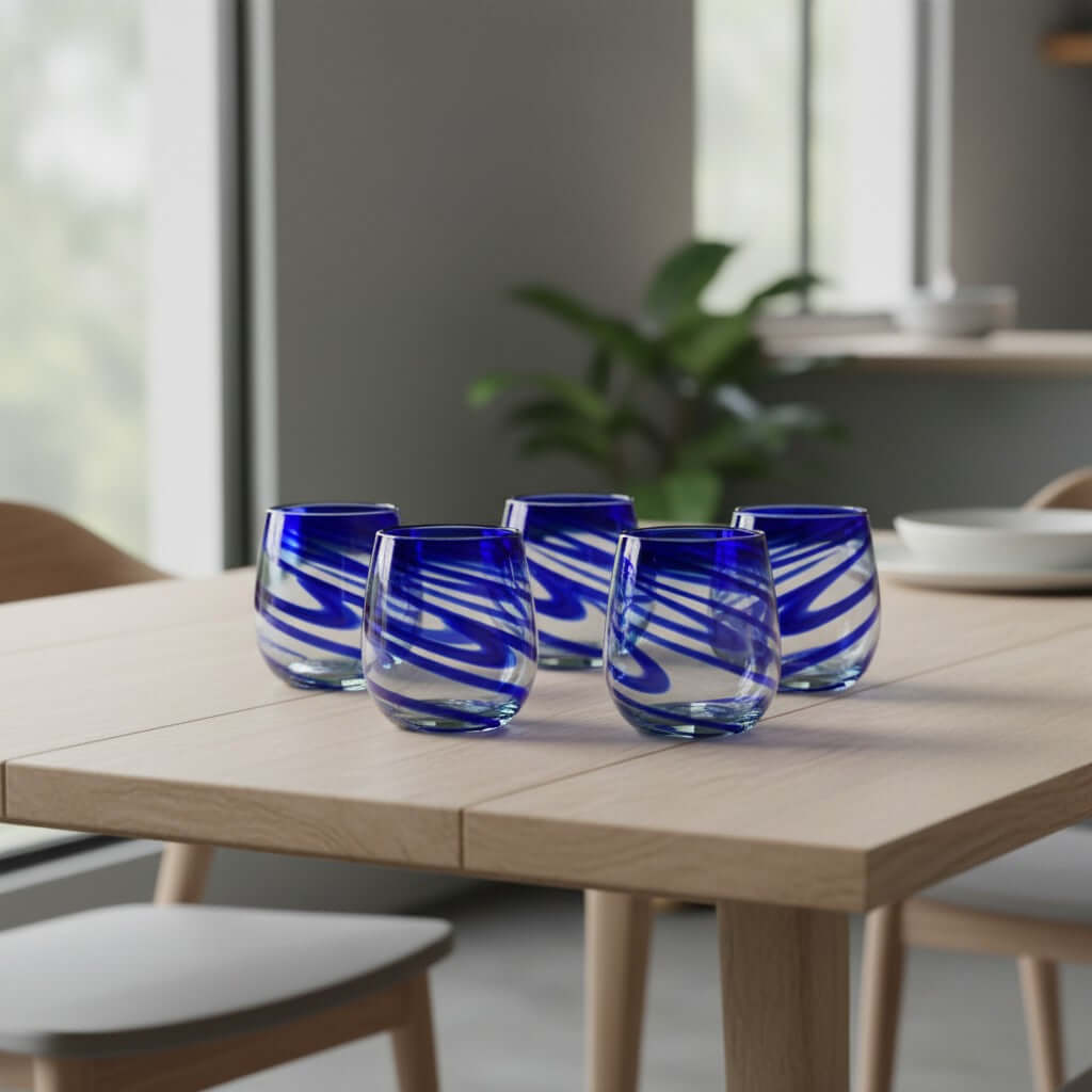 Mexican Stemless Wine Glass | Hand-Blown Blue Swirl