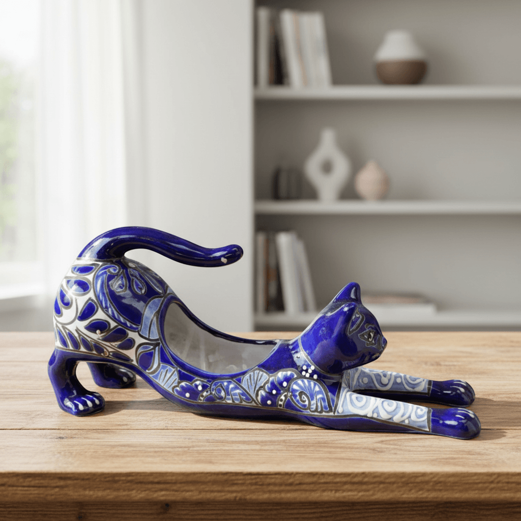 Hand-Painted Blue Talavera Stretching Cat Planter | Mexican Folk Art Decor