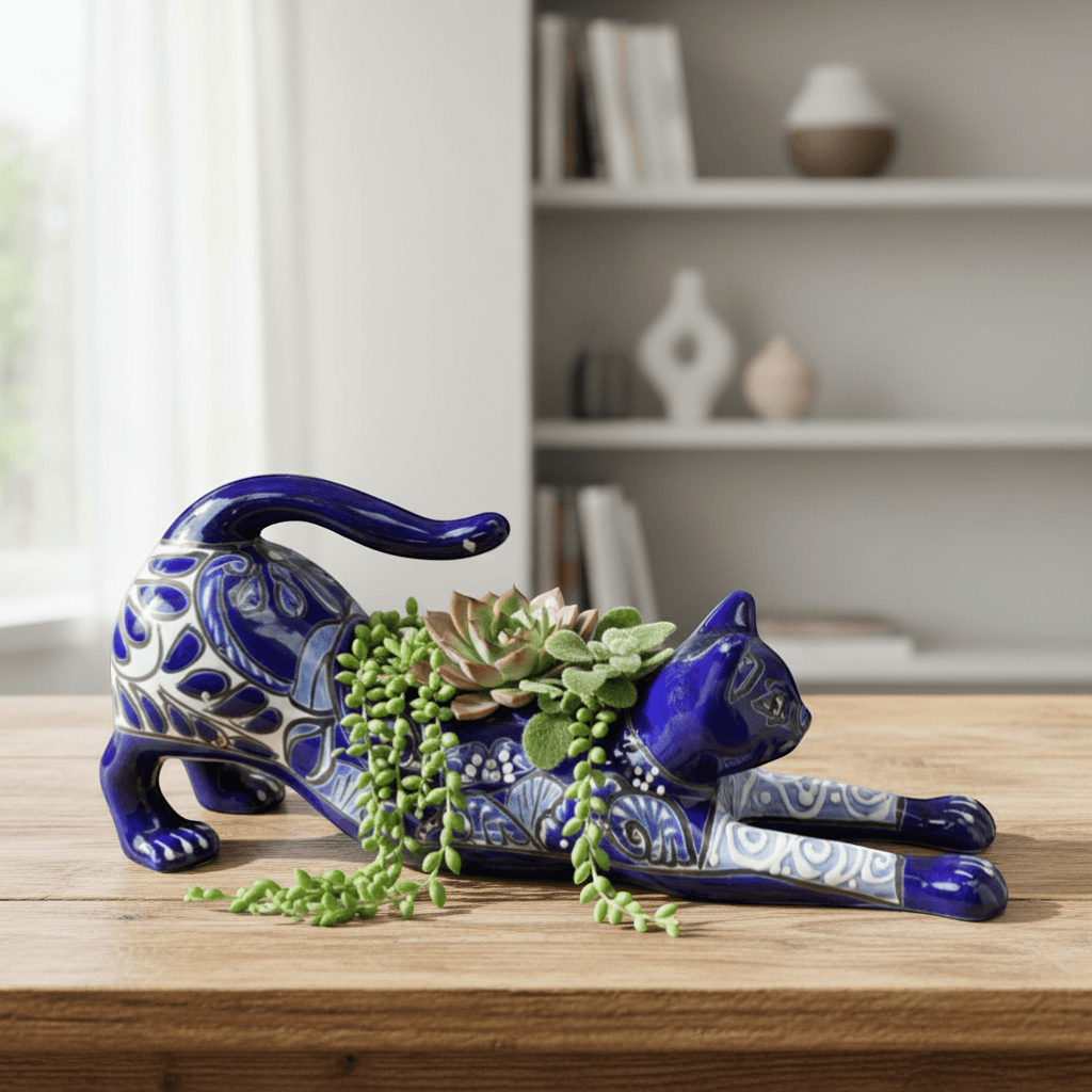 Hand-Painted Blue Talavera Stretching Cat Planter | Mexican Folk Art Decor