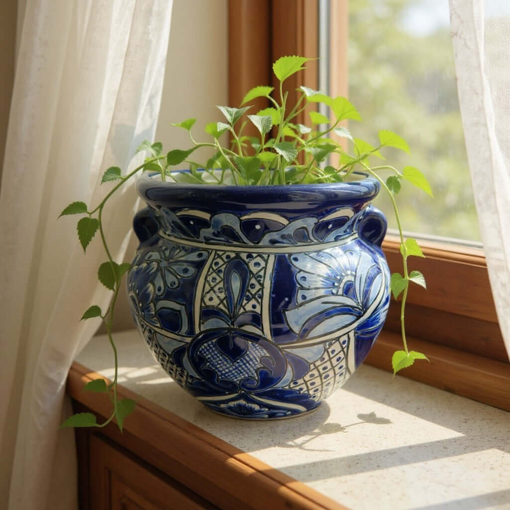 Handcrafted Talavera Planter | Blue & White Flower Pot
