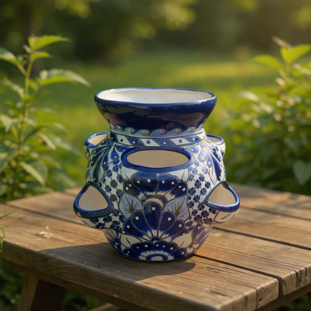 Blue & White Talavera Strawberry Planter | Handcrafted Mexican Pot