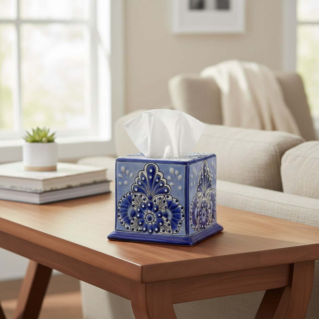 Blue & White Talavera Tissue Box Cover | Vibrant Mexican Decor