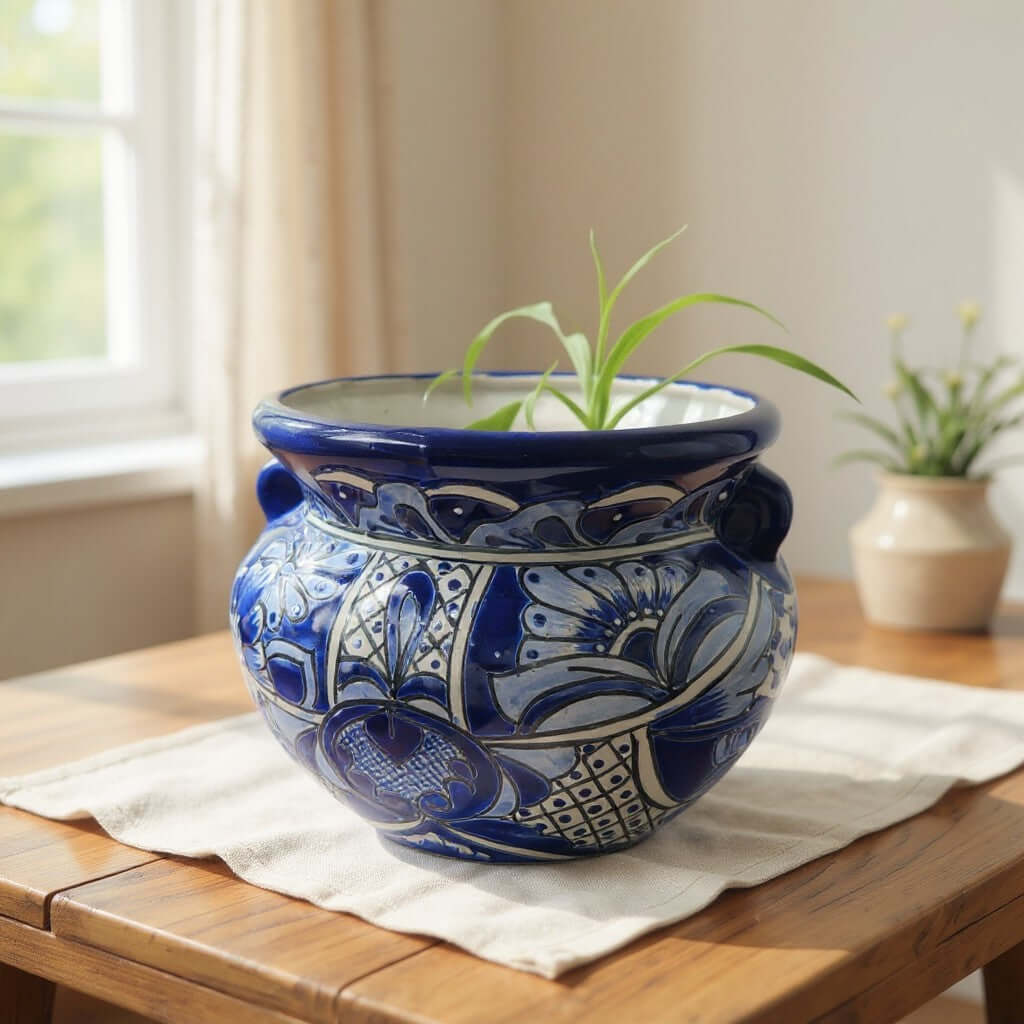 Handcrafted Talavera Planter | Blue & White Flower Pot