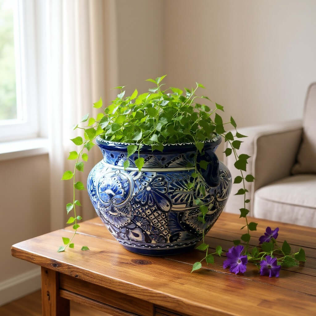 Handcrafted Talavera Planter | Blue & White Flower Pot