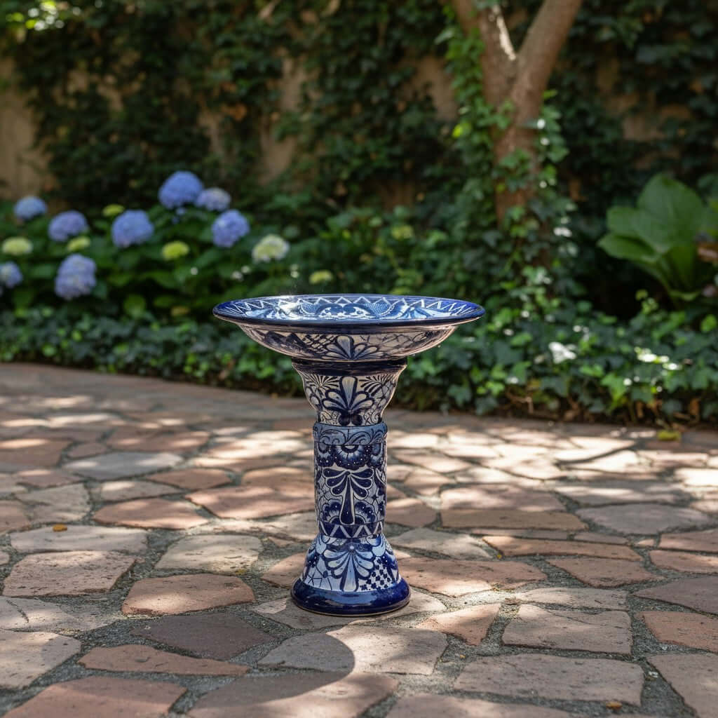 Blue & White Talavera Bird Bath | Mexican Garden Art