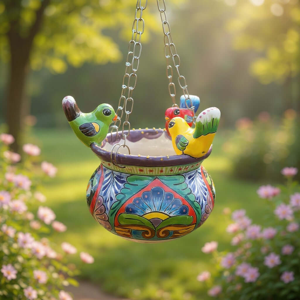 Talavera Hanging Planter with Birds | Small Handmade Ceramic Pot