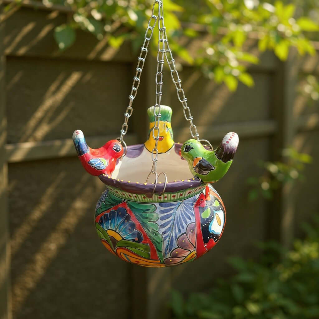 Talavera Hanging Planter with Birds | Small Handmade Ceramic Pot