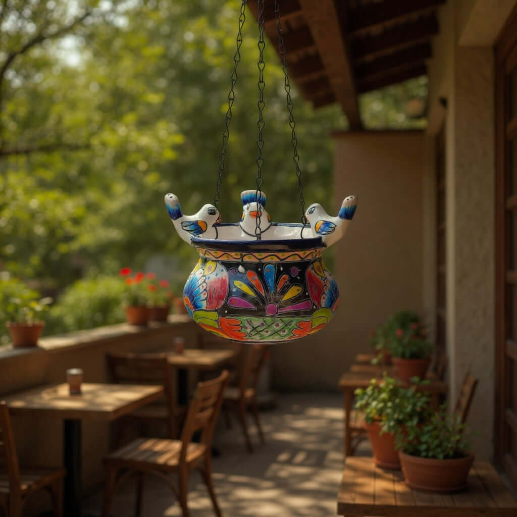 Talavera Hanging Planter with Birds | Small Handmade Ceramic Pot