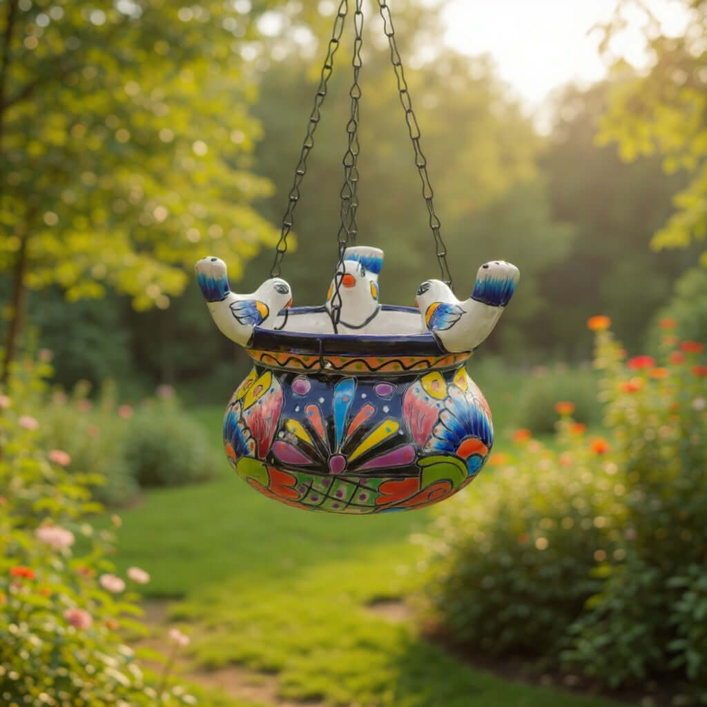 Talavera Hanging Planter with Birds | Small Handmade Ceramic Pot