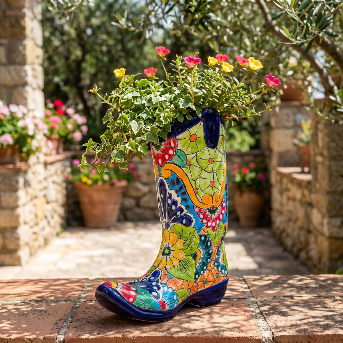 Talavera Boot Planter | Hand-Painted Mexican Flower Pot Art