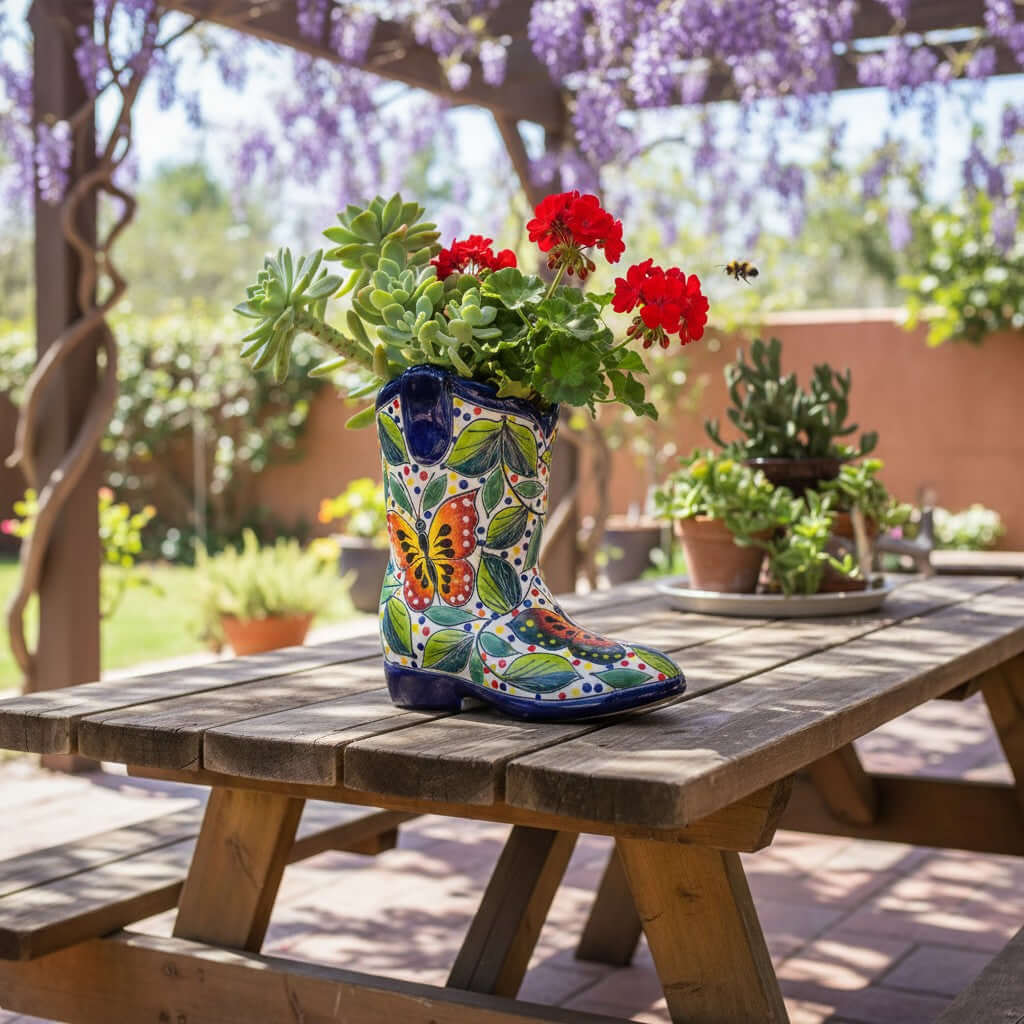 Hand-Painted Talavera Mexican Boot Flower Pot | Colorful Small Talavera Planter