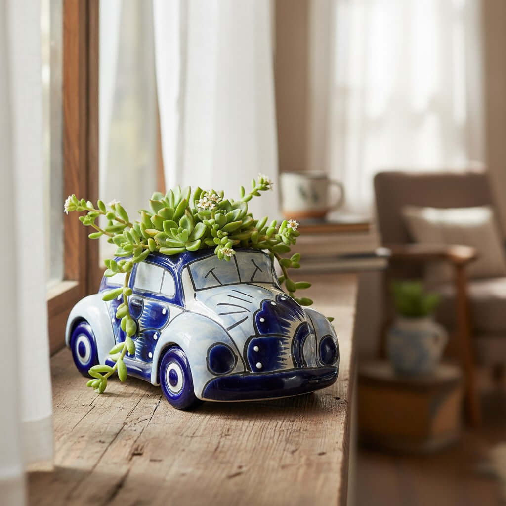 Talavera Car Planter | Small Blue & White Handmade Ceramic Pot