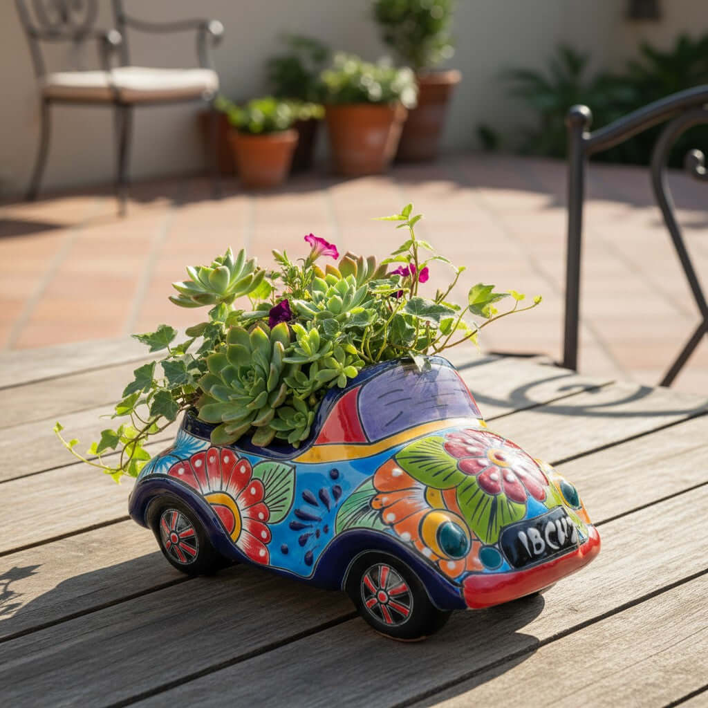 Colorful Hand-Painted Talavera Car Planter | Small Ceramic Car Statue