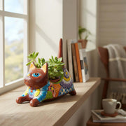 Talavera Cat Planter | Colorful Handcrafted Stretching Animal Pot