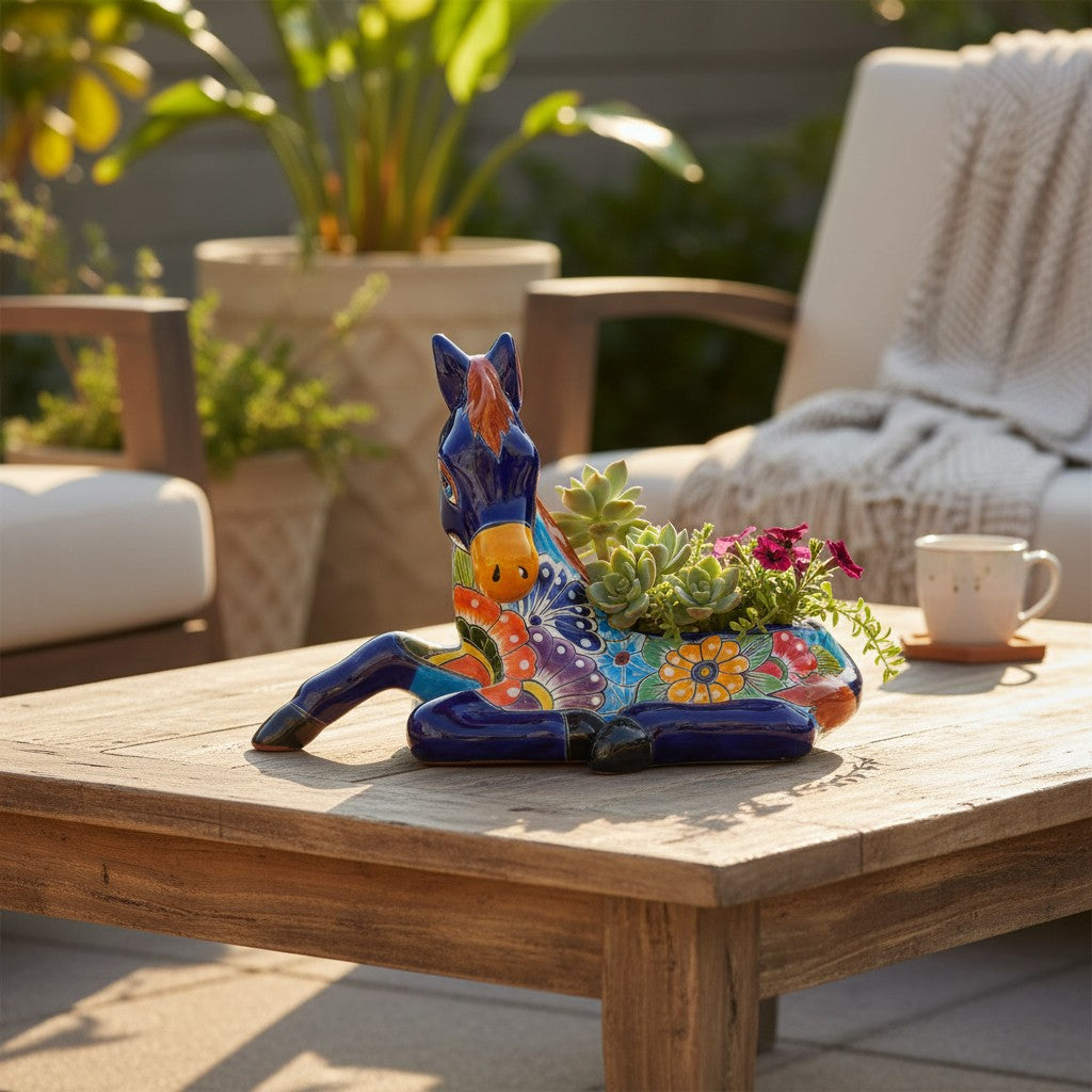 Colorful Hand-Painted Talavera Small Horse Statue Planter