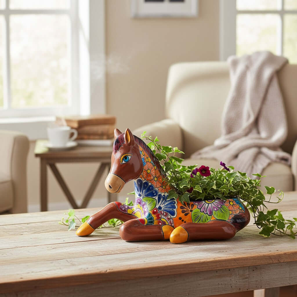 Colorful Hand-Painted Talavera Small Horse Statue Planter