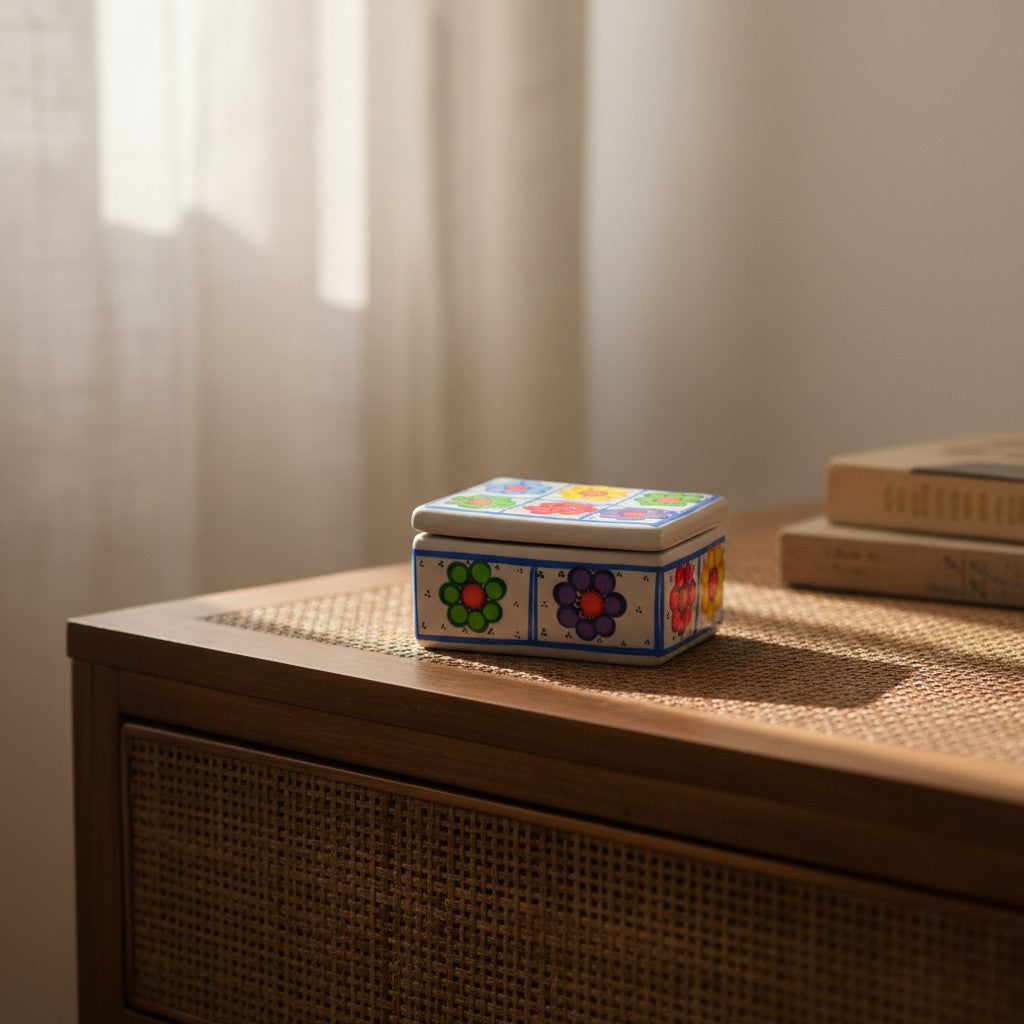 Colorful Hand-Painted Guerrero Jewelry Box | Mexican Ceramic Earring Holder
