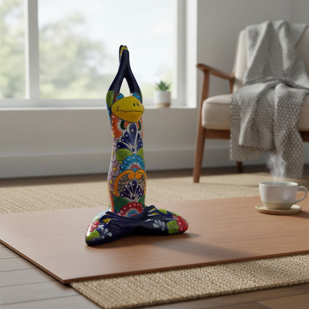 Colorful Hand Painted Talavera Frog Statue | Large Mexican Art Decor
