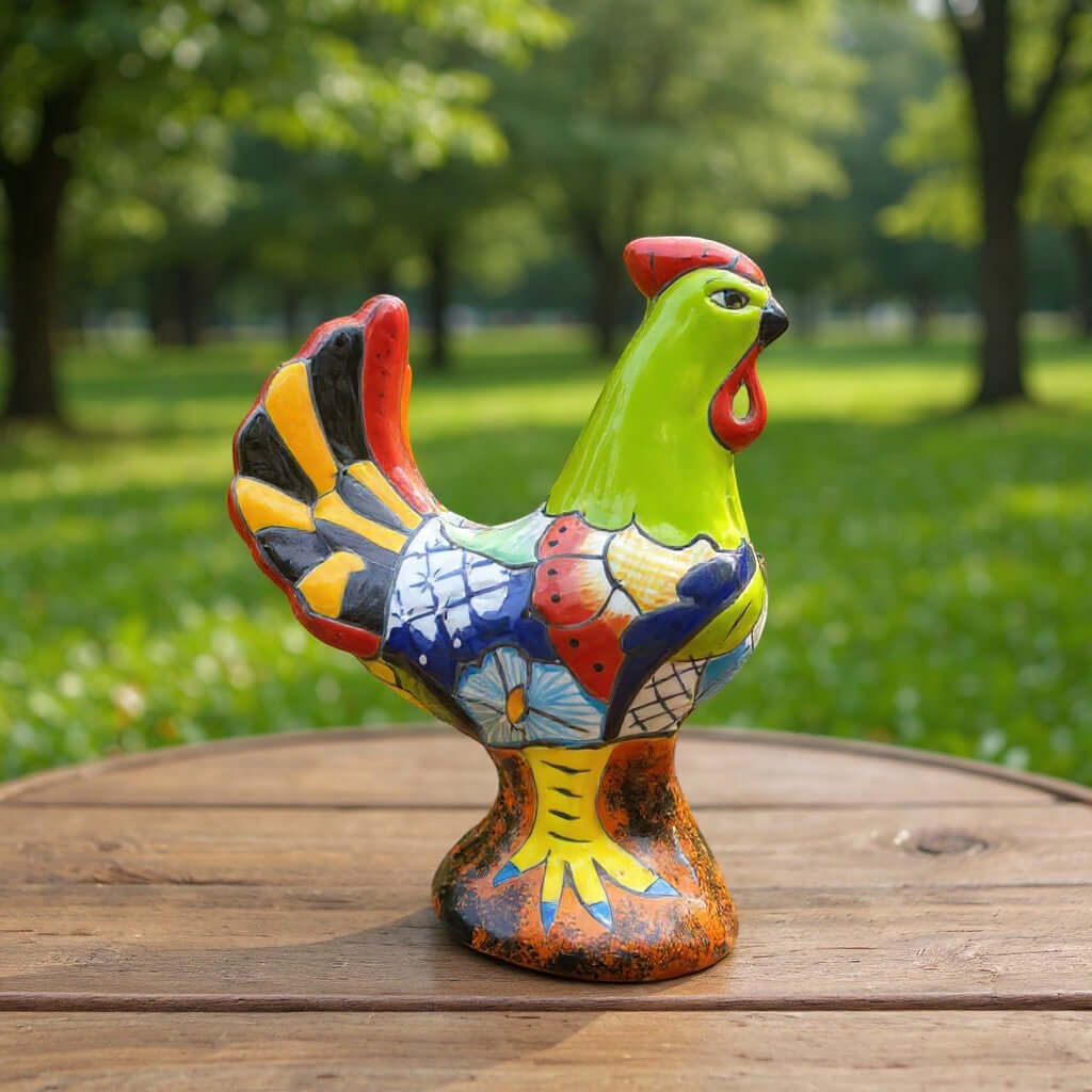 Colorful Handcrafted Talavera Rooster Statue | Mexican Folk Art Chicken Decor