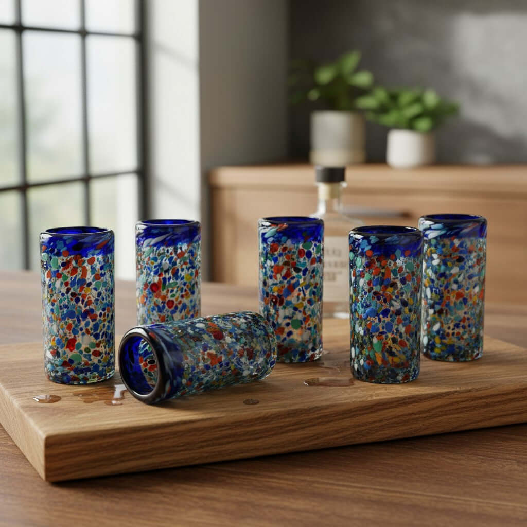 Confetti Double Shot Glass | Hand Blown Mexican Blue Rim