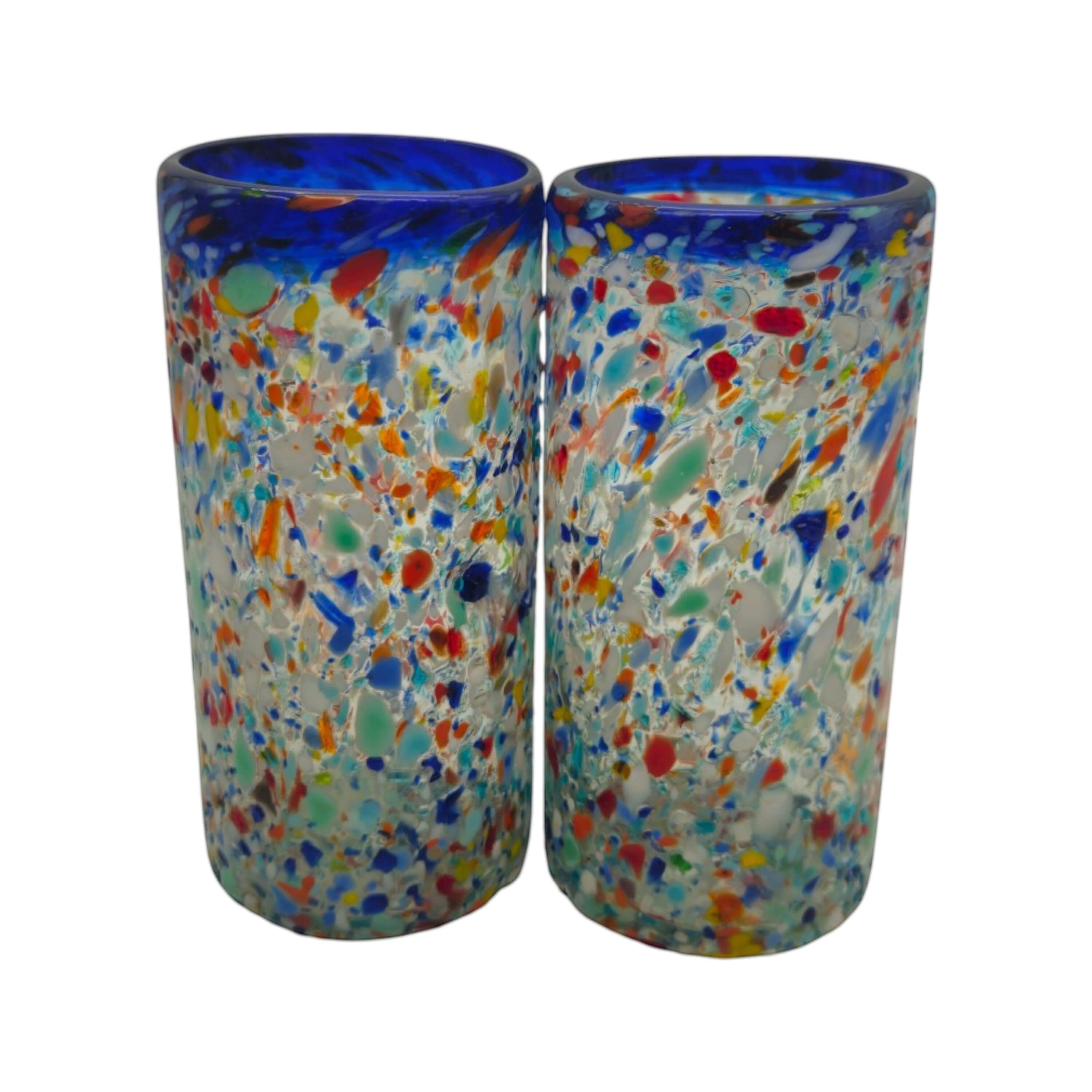Blue Rim Confetti Pebbled Glass | Hand-Blown Mexican Tumbler