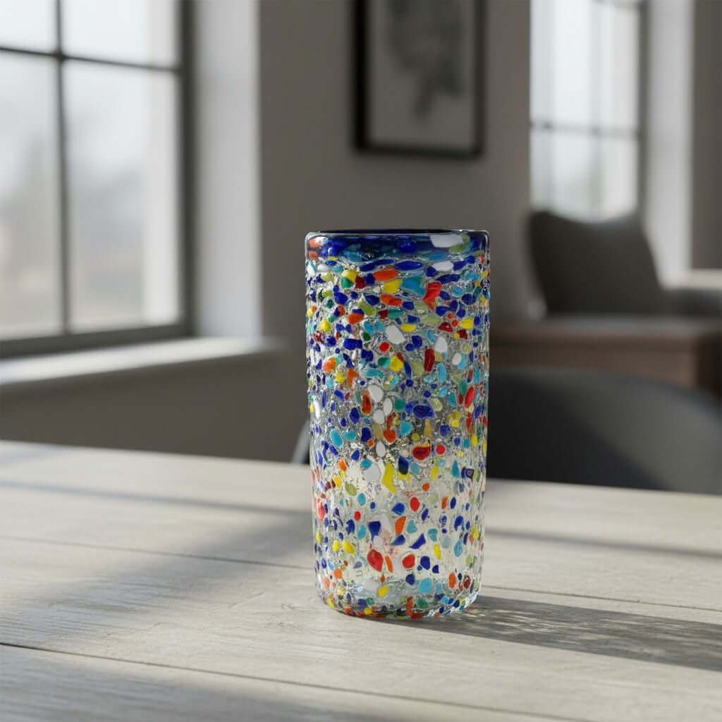 Blue Rim Confetti Pebbled Glass | Hand-Blown Mexican Tumbler