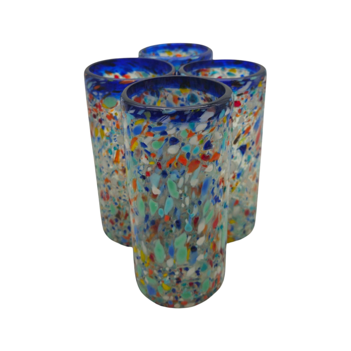 Blue Rim Confetti Pebbled Glass | Hand-Blown Mexican Tumbler