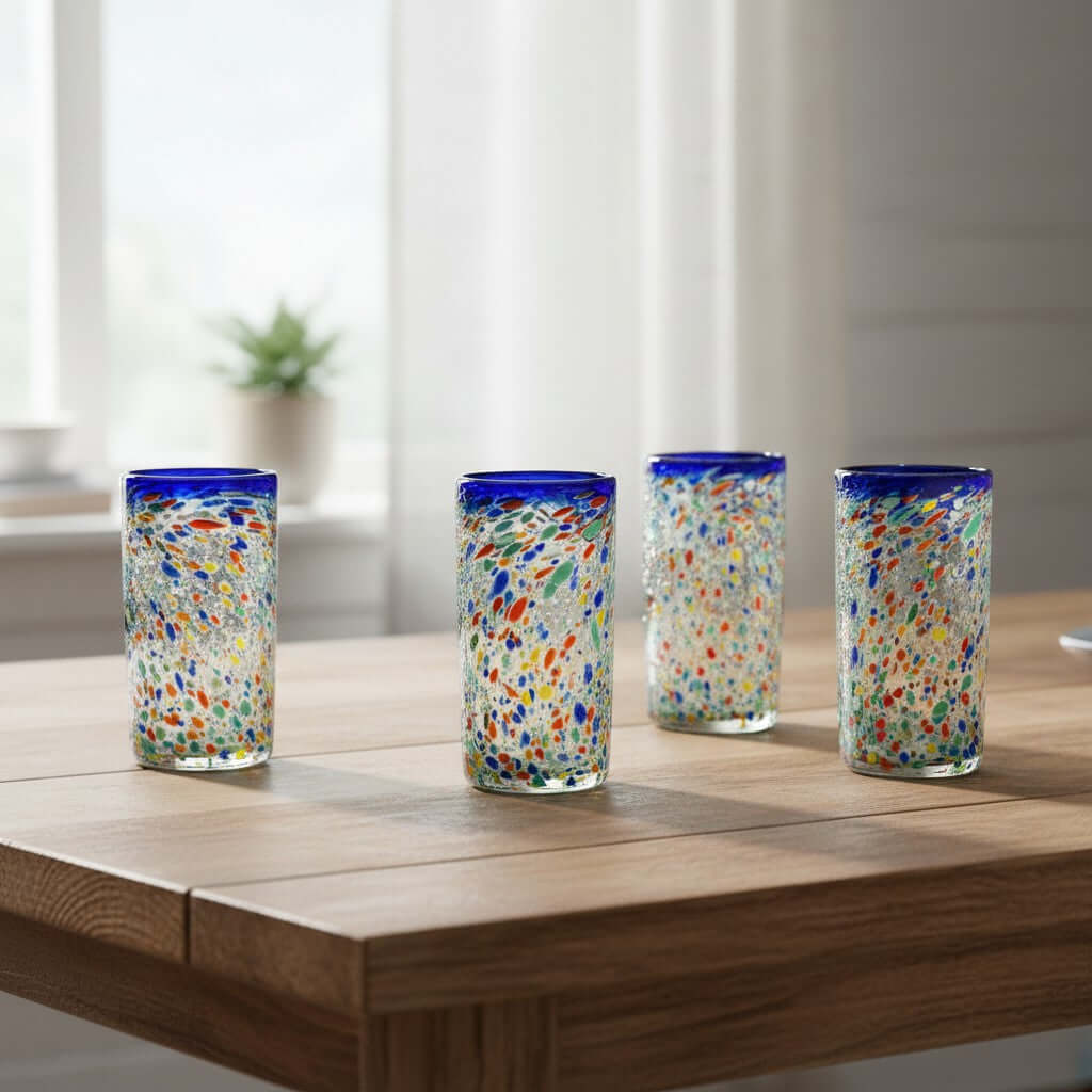 Blue Rim Confetti Pebbled Glass | Hand-Blown Mexican Tumbler