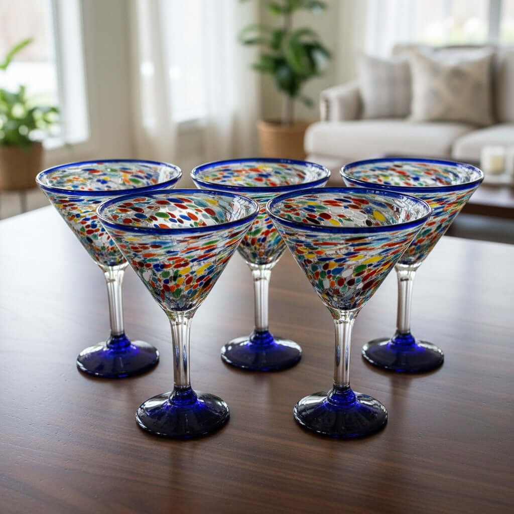 Confetti Rock Martini Glass with Blue Rim | Hand-Blown Mexican Barware
