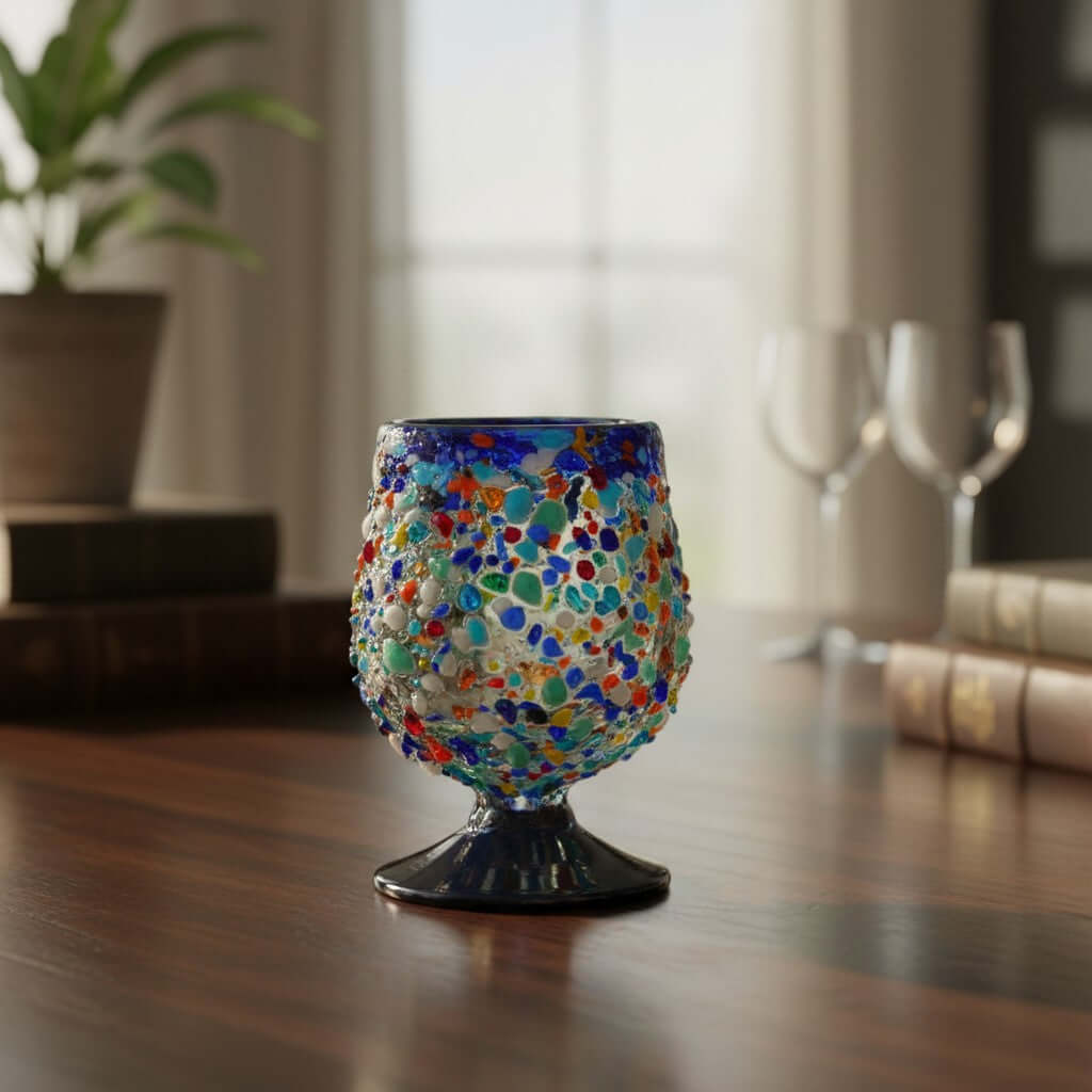 Confetti Rock Shot Glass | Blue Rim Cognac Style