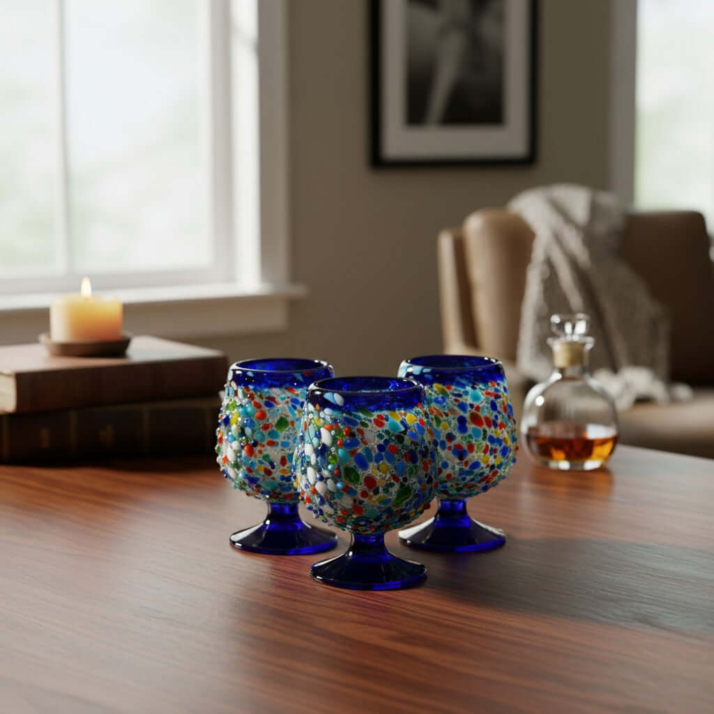 Confetti Rock Shot Glass | Blue Rim Cognac Style