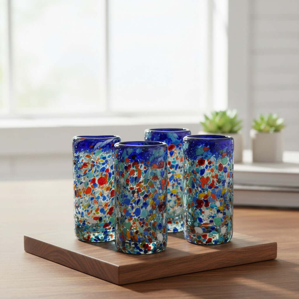 Confetti Double Shot Glass | Hand Blown Mexican Blue Rim