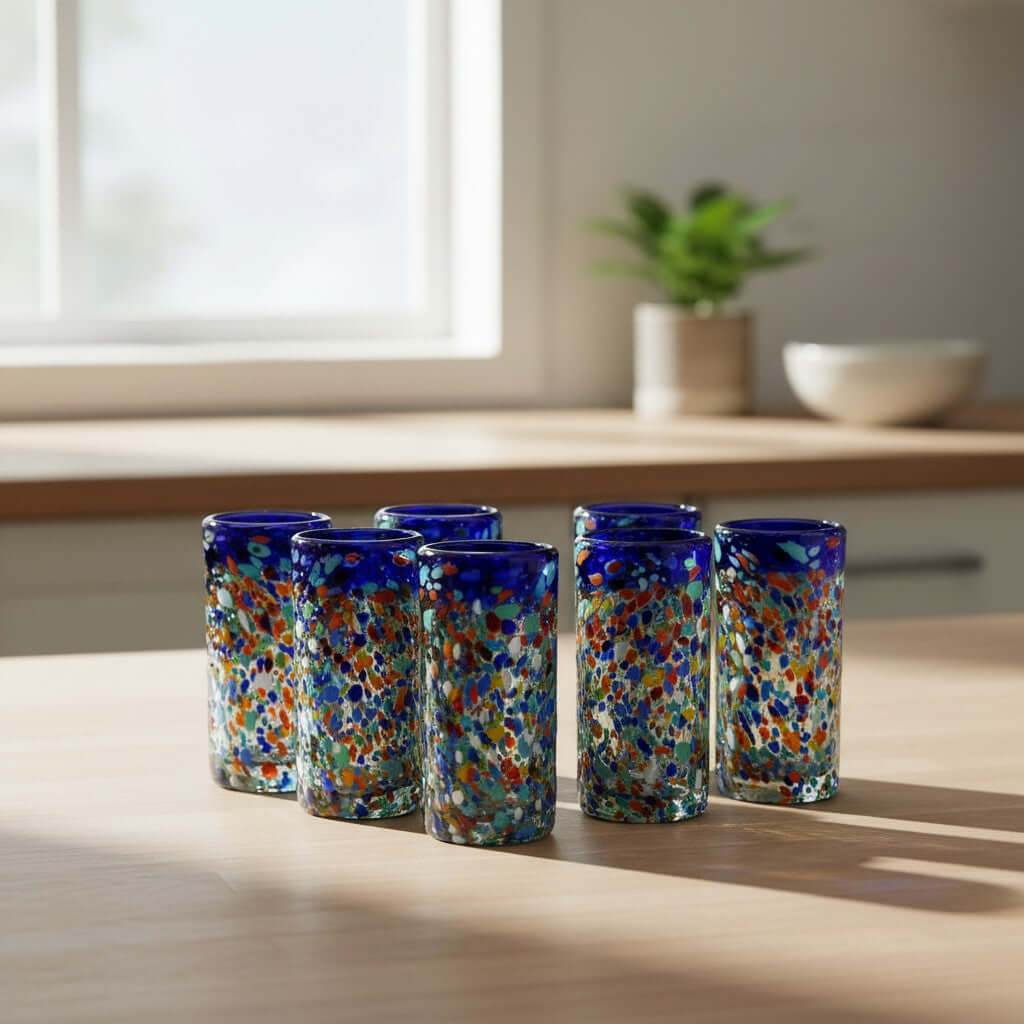 Confetti Double Shot Glass | Hand Blown Mexican Blue Rim