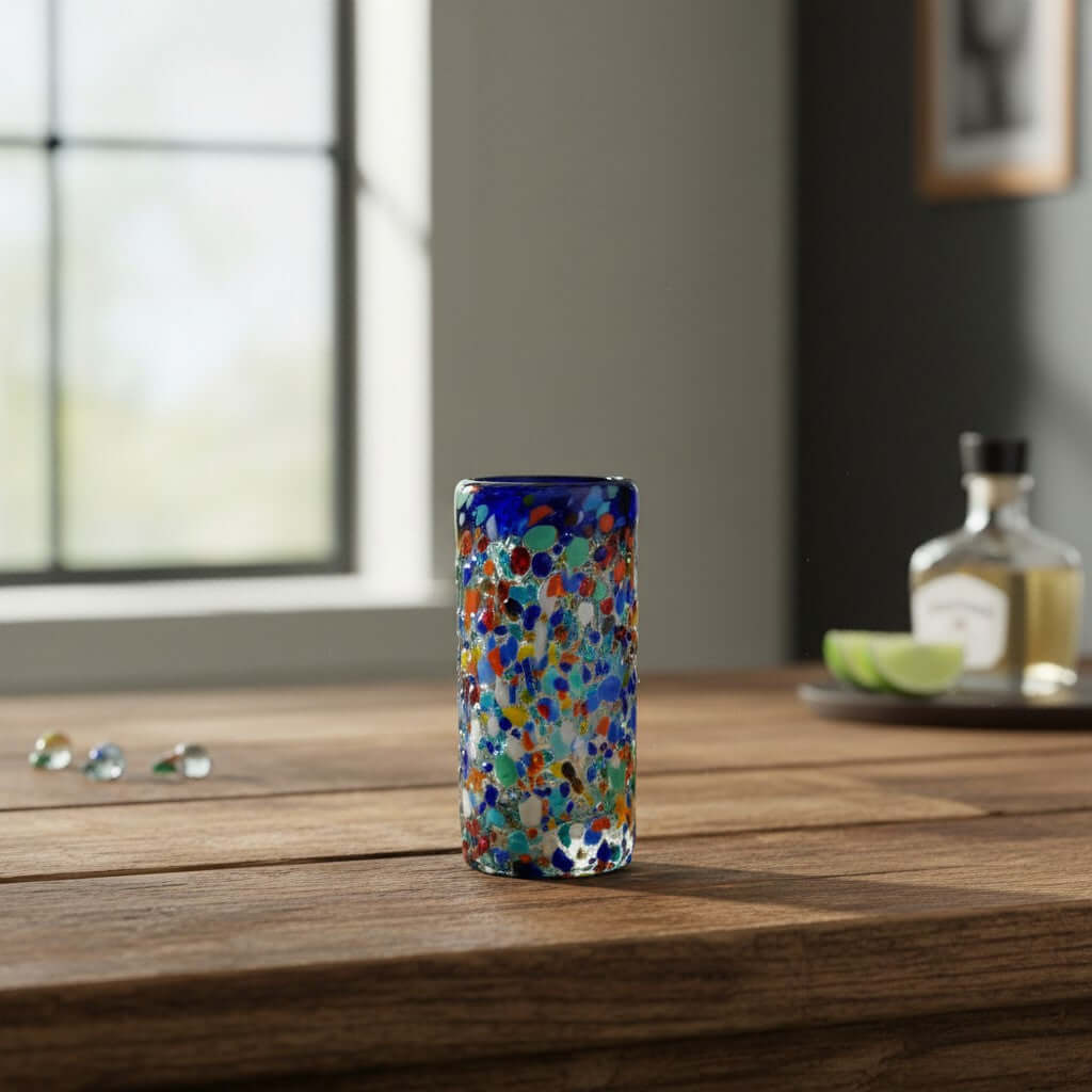 Confetti Double Shot Glass | Hand Blown Mexican Blue Rim