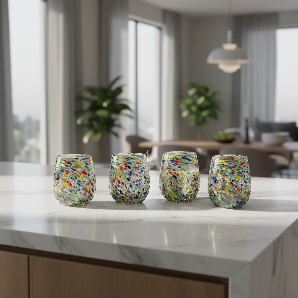 Confetti Stemless Wine Glass | Hand-Blown Mexican Pebbled Cup