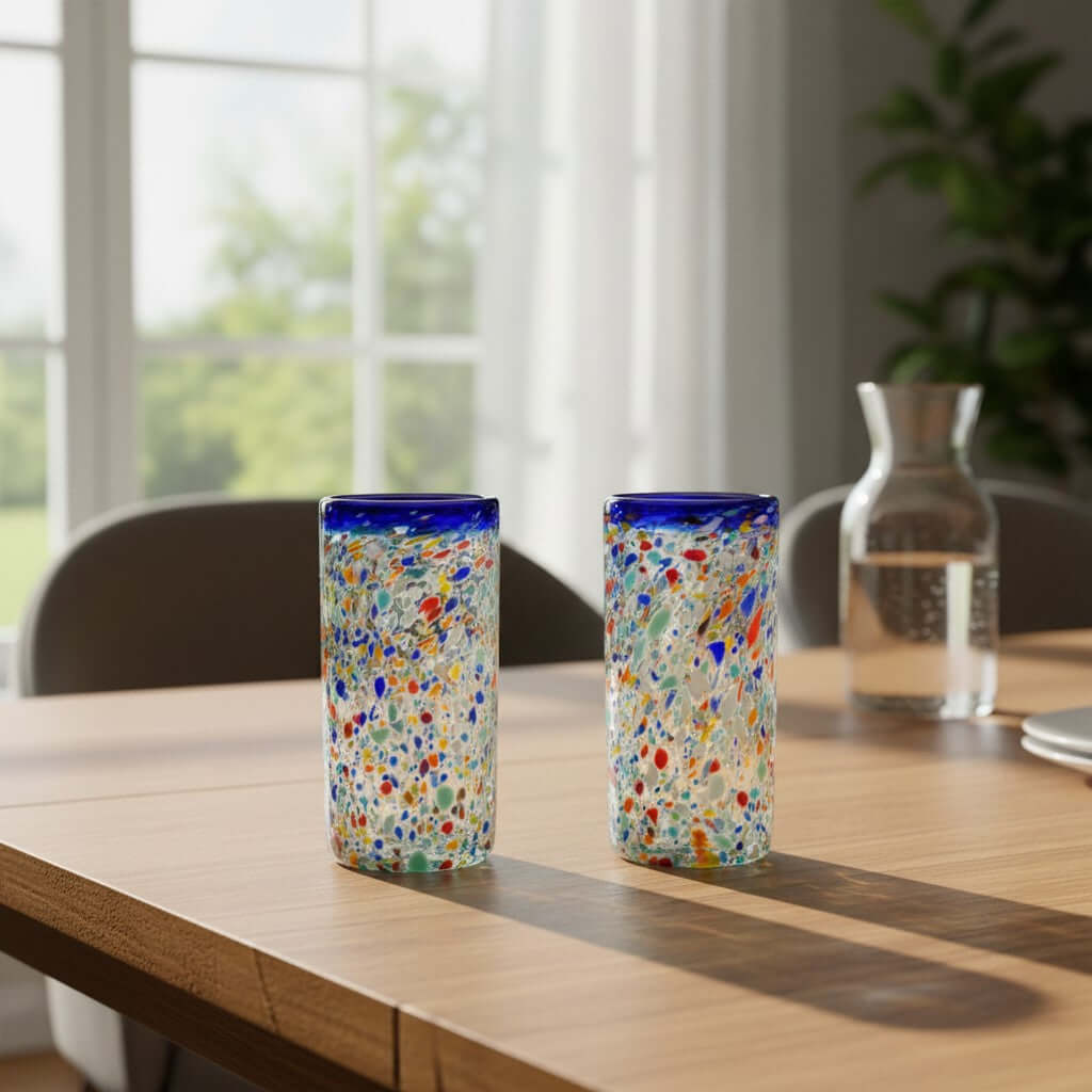 Blue Rim Confetti Pebbled Glass | Hand-Blown Mexican Tumbler