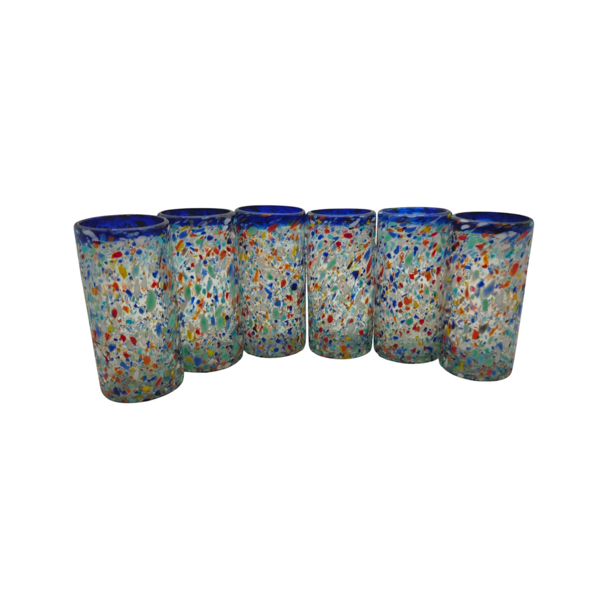 Blue Rim Confetti Pebbled Glass | Hand-Blown Mexican Tumbler