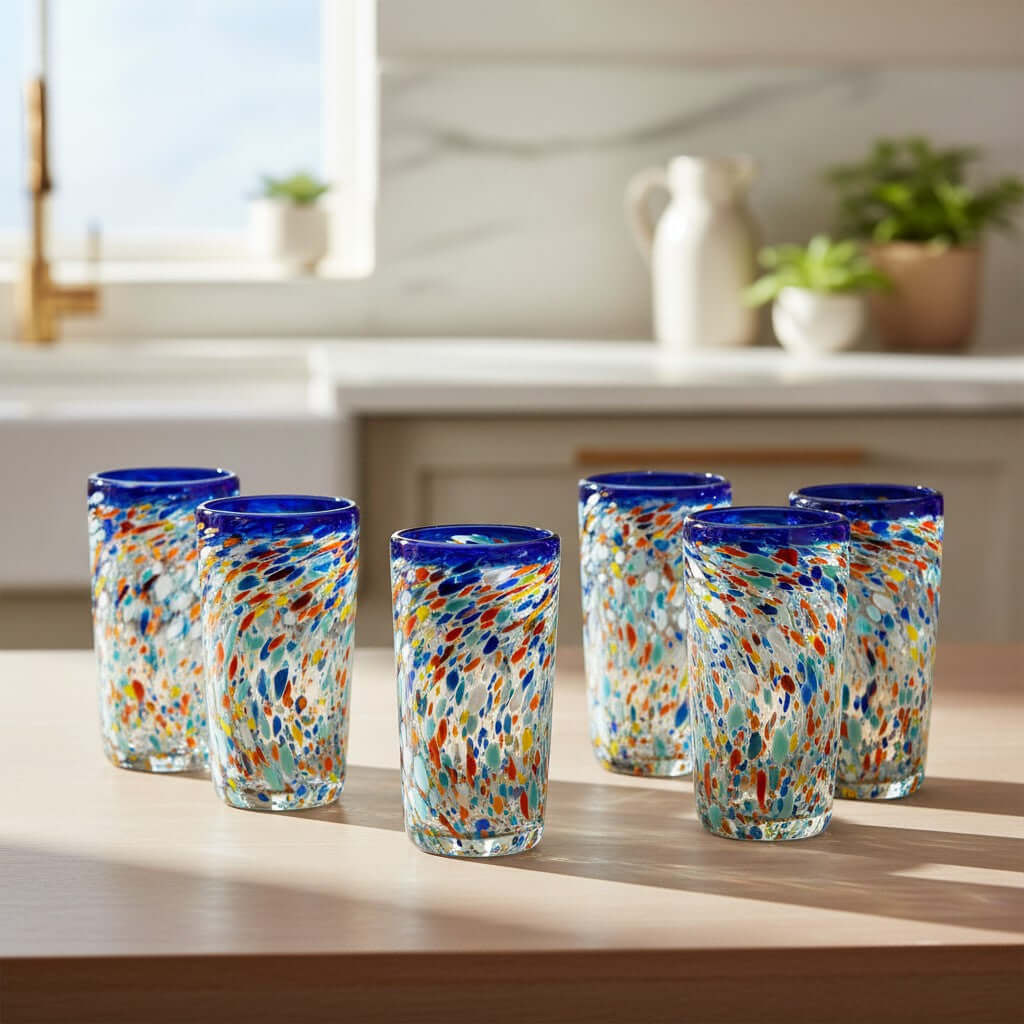 Blue Rim Confetti Pebbled Glass | Hand-Blown Mexican Tumbler