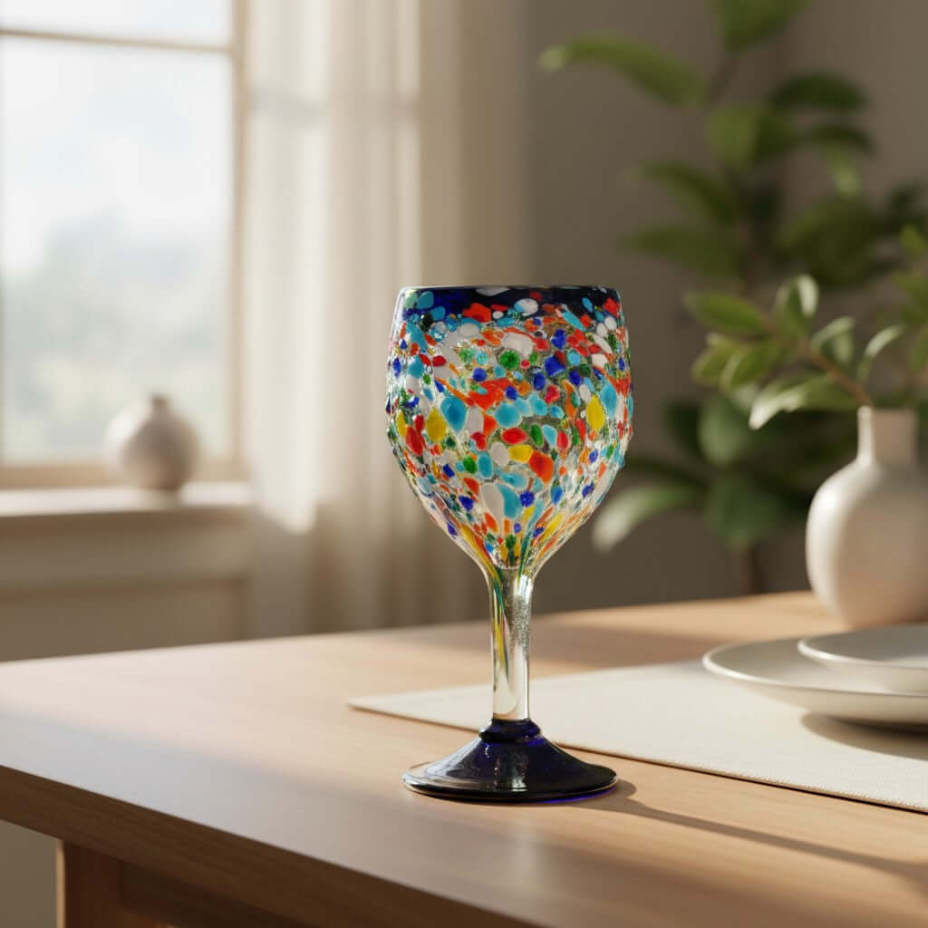 Hand Blown Mexican Wine Glasses | Blue Rim Confetti Design