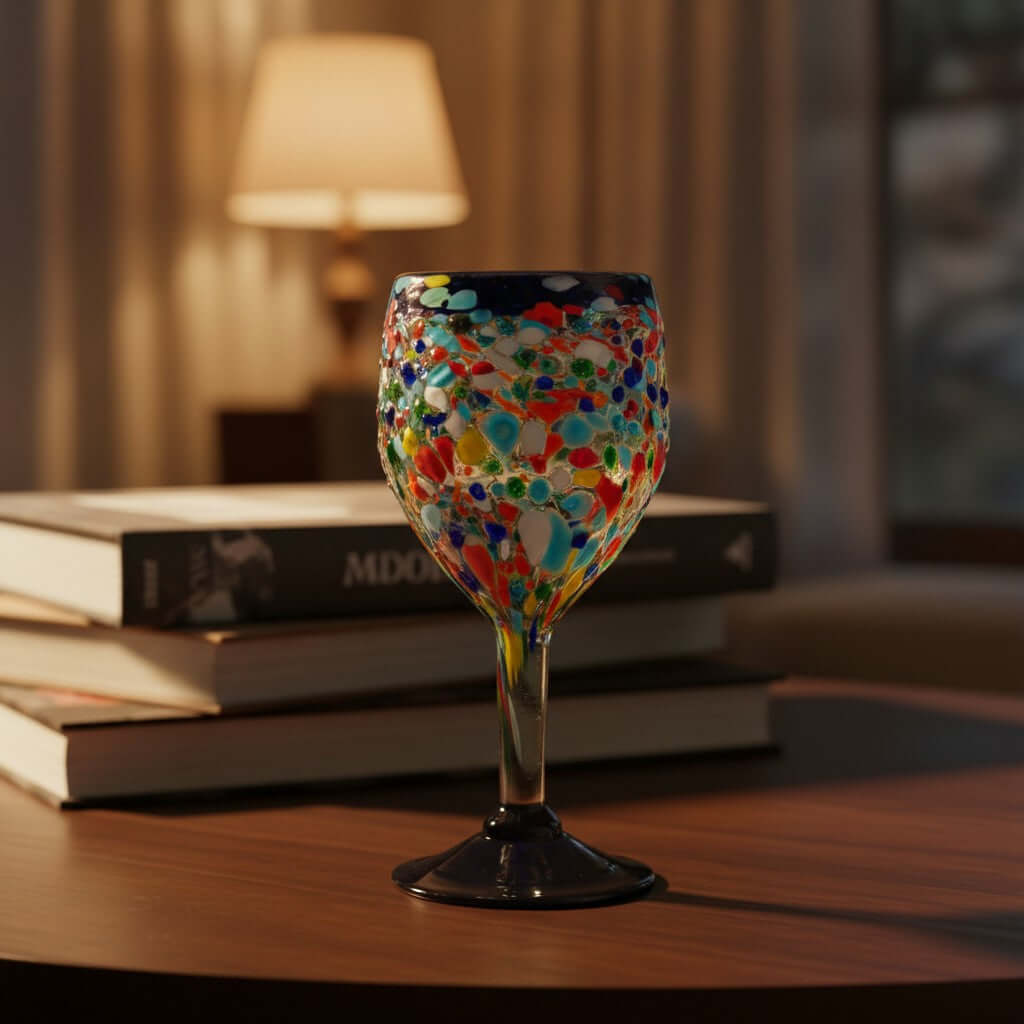 Hand Blown Mexican Wine Glasses | Blue Rim Confetti Design