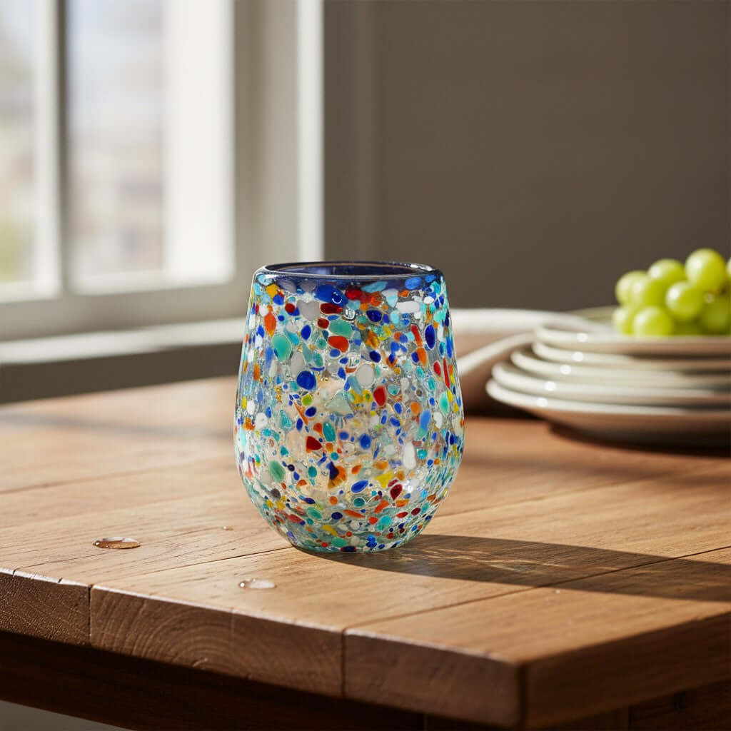 Blue Rim Confetti Wine Glass | Hand-Blown Mexican Stemless Cup