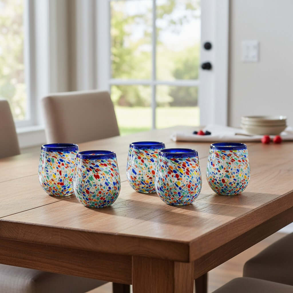 Blue Rim Confetti Wine Glass | Hand-Blown Mexican Stemless Cup